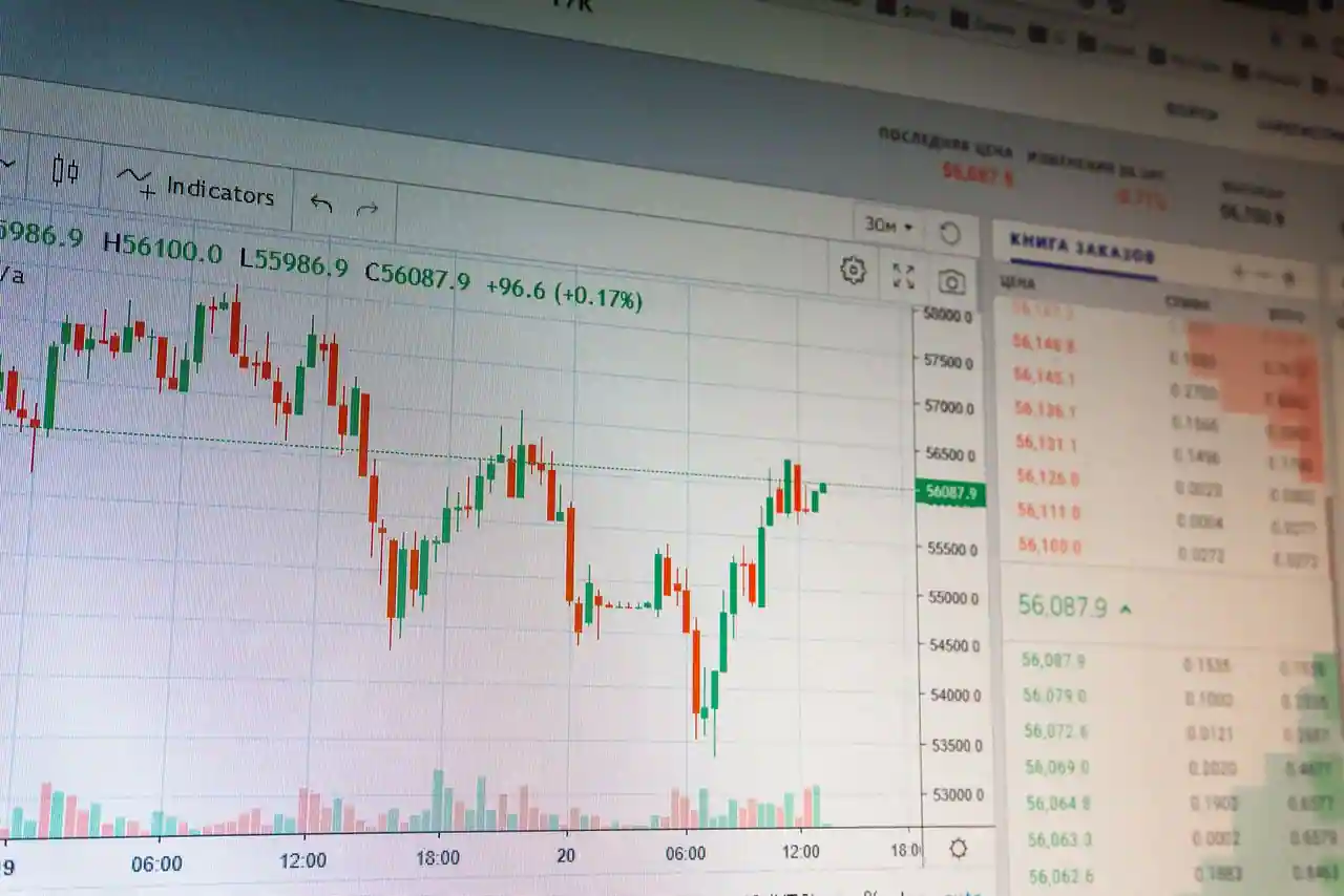 Écran de trading affichant une courbe boursière en chandeliers et un carnet d'ordres