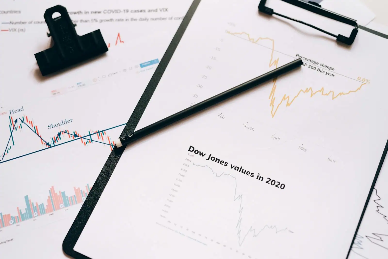Pages d'un journal économique posées sur une table à côté de graphiques financiers et d'un stylo