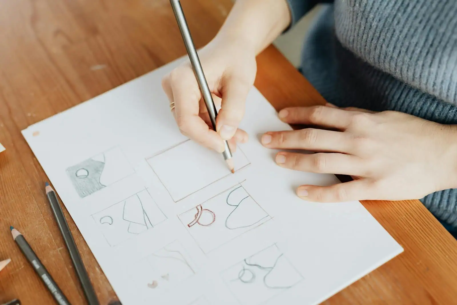 Graphiste esquissant des concepts de logo sur un carnet à son bureau