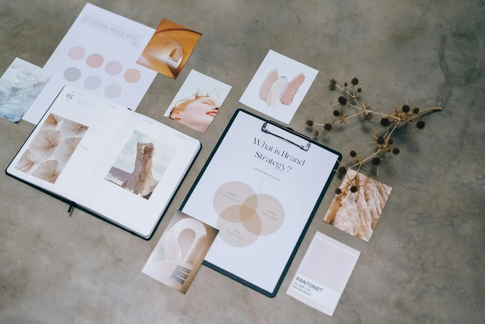 Planche d'inspiration de marque avec nuancier de couleurs, échantillons Pantone et document de stratégie de marque