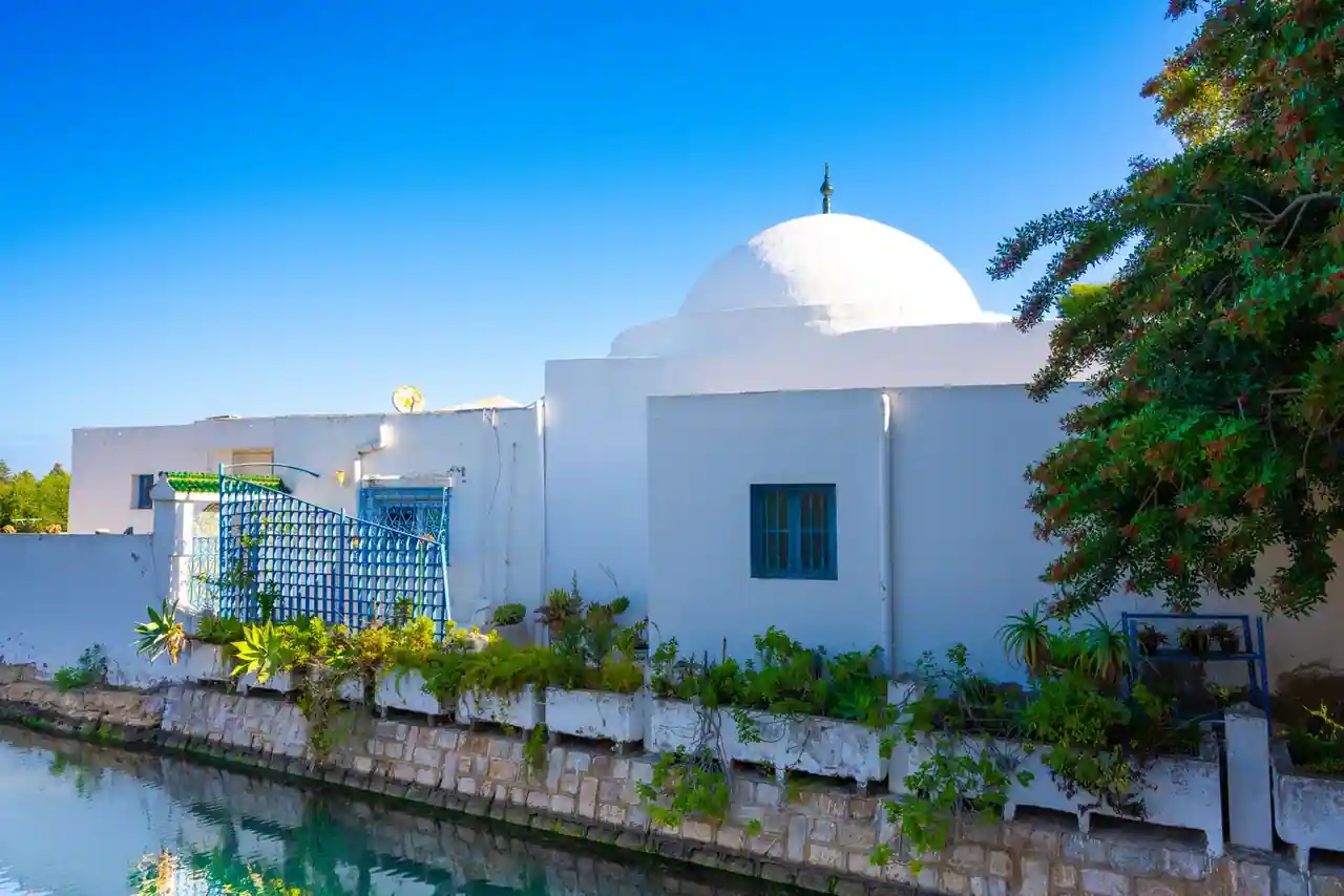 Bâtiment tunisien traditionnel à coupole blanche au bord de l'eau, illustration de la Tunisie