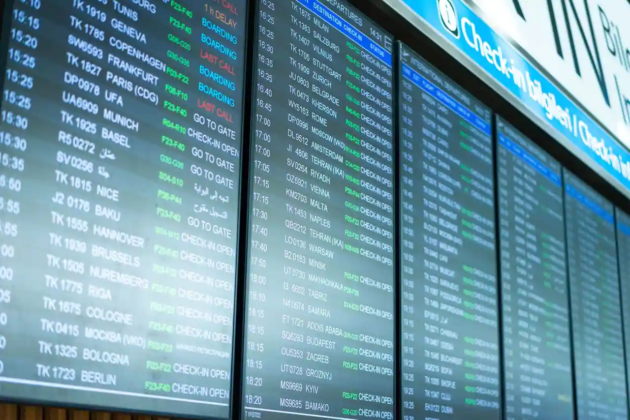 Grand tableau d'affichage des horaires de départ des vols dans un terminal d'aéroport