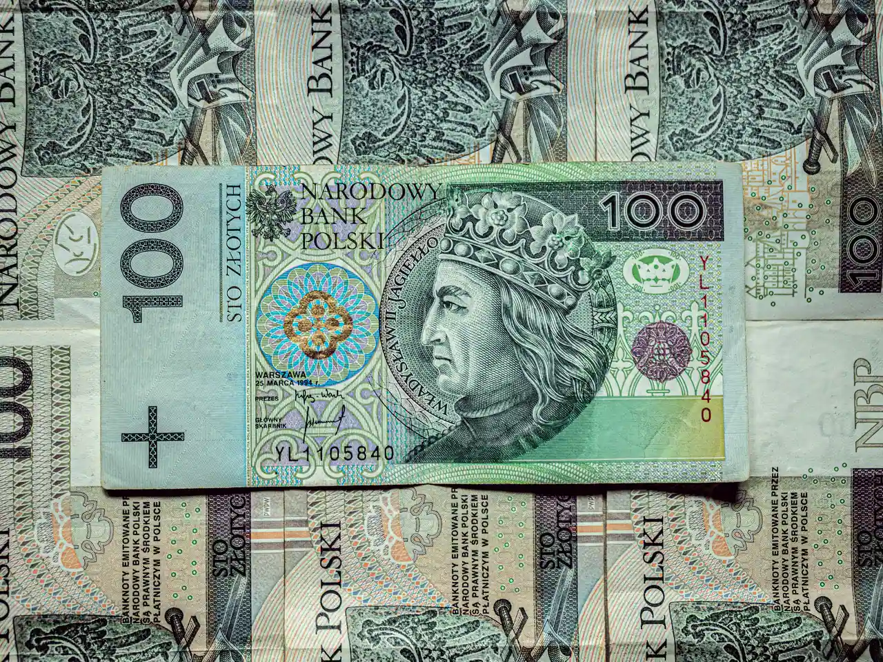 Billets de banque zloty polonais de 100 vus en gros plan.